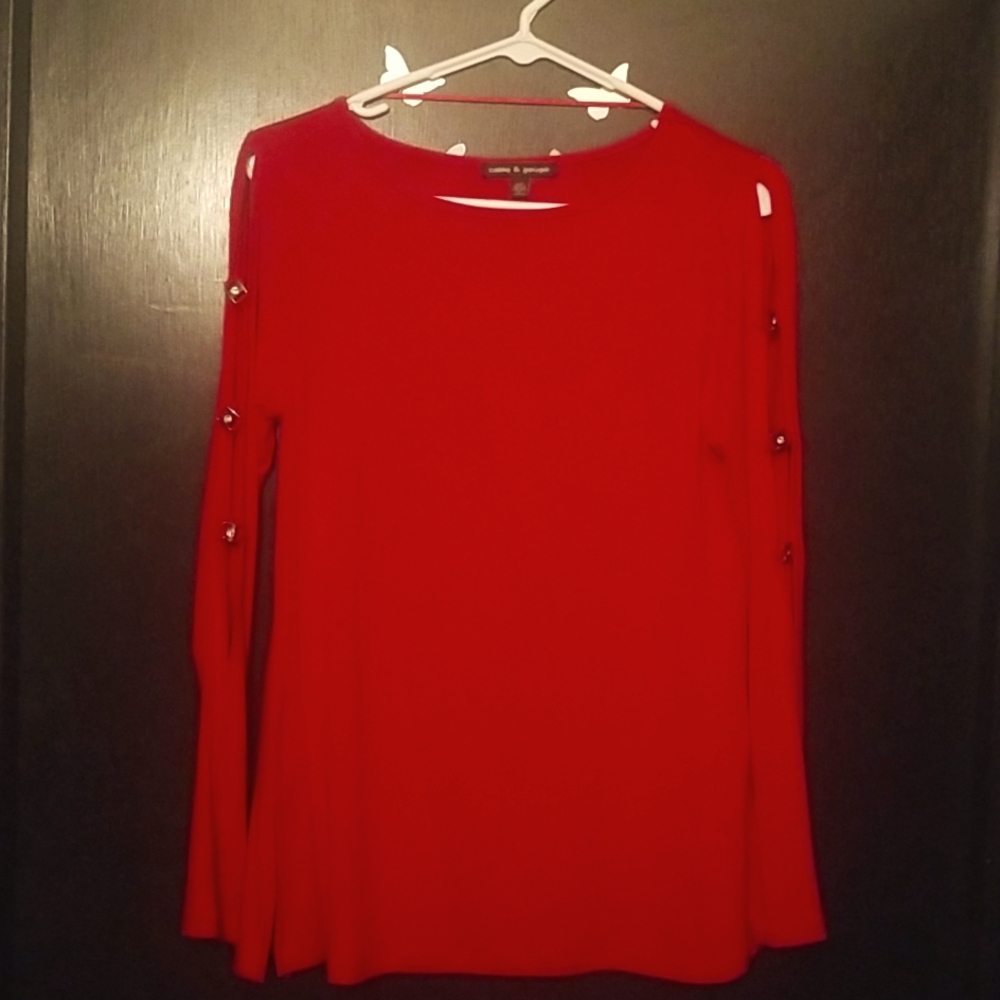 Cable & Gauge Red Long Sleeve Sweater with  Pendants down Sleeves, size Small.